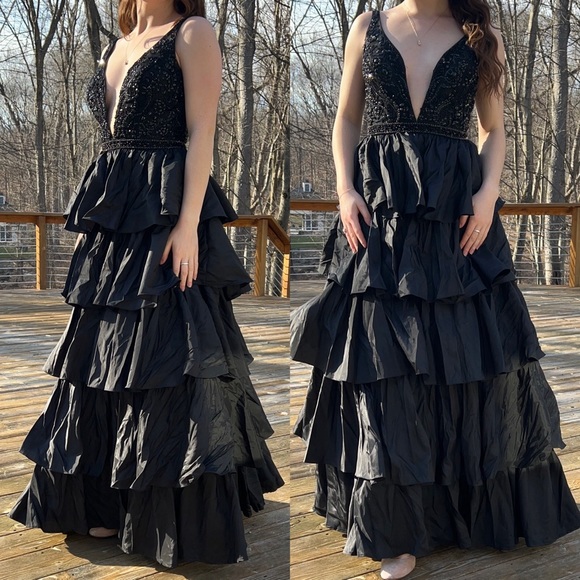 Sherri Hill Black Beaded Ruffle Tiered Prom Dress - Picture 6 of 14